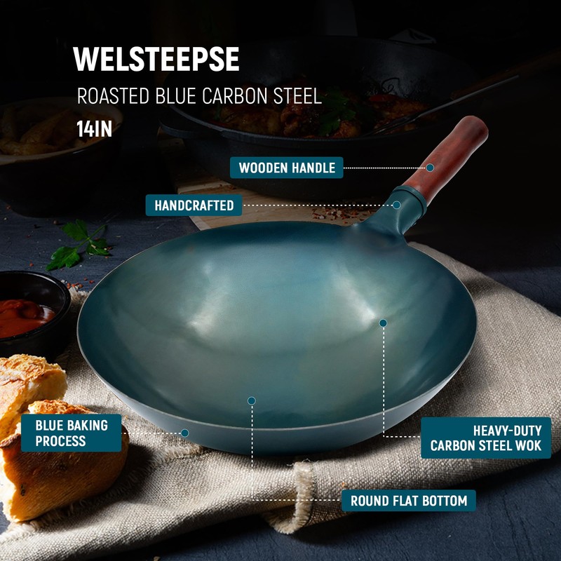 welsteepse Carbon Steel Wok Traditional Hand Hammered Wok,14 Inch,Round Bottom(Roasted