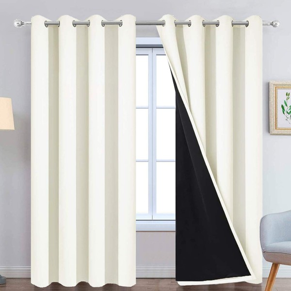 Yakamok 100% Blackout Curtains Thermal Insulated Curtain Panels with Black Liner for Bedroom, Heat Blocking Drapes for Living Room(52Wx96L, Cream, 2 Panels)