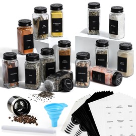 AOZITA 14 Pcs Glass Spice Jars with Black lids - 4oz Empty Square Spice Bottles and Spice Labels - Black Shaker Lids and Airtight Metal Caps - Silicone Collapsible Funnel Included