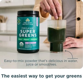 Ancient Nutrition SuperGreens Powder with Probiotics, Organic Berry Flavor Greens, Made from Real Fruits, Vegetables and Herbs, Digestive and Energy Support, 25 Servings, 6.7oz