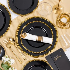 Hioasis 350pcs Black and gold Plastic Plates - Gold Plastic Dinnerware Set Includes 50 Dinner Plates, 50 Dessert Dinnerware, 50 Cups, 50 Rolled Napkin Cutlery Perfect for Wedding & Party