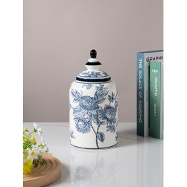 Magclay Blue and White Ginger Jar for Home Decor, Chinoiserie Vase Decor, Ceramic Decorative Jars with Lid, 12x6 Inch, Flowers and Branches