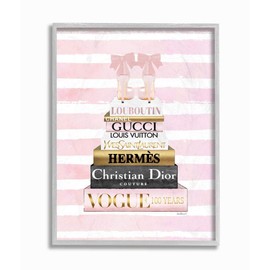 Stupell Industries Glam Fashion Heals with Bookstack and Pink Stripes Wall Art, 16x20, White