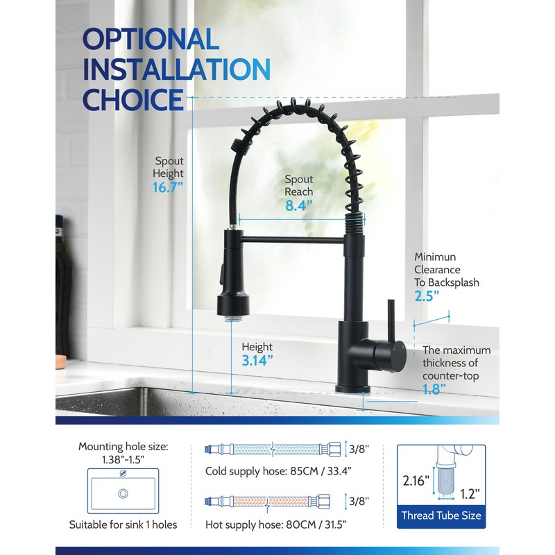 LUFEIDRA Black Kitchen Faucet with Sprayer LED Light, High Arc