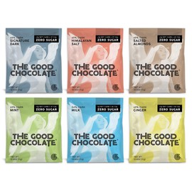The Good Chocolate - Keto Chocolate Variety Pack, Zero Sugar, Lower Net Carb Snack, Lower Calorie Chocolate Candy Variety Pack, 6 Flavors, 18 Square Family Pack