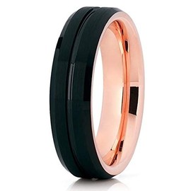 Silly Kings Jewelry Black Tungsten Wedding Band - 6mm- Rose Gold Tungsten Ring - Grooved Ring (5.5)