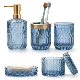 IVAILEX 5PCS Blue Glass Bathroom Accessories Sets of Lotion Dispenser, Soap Dish, Toothbrush Holder, Tumbler, Cotton Swab Jars, Modern Bath Decor, Vintage Gift