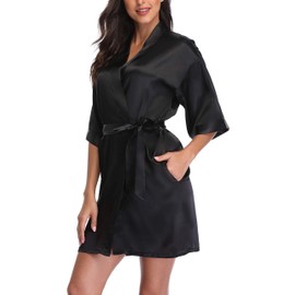 Laurel Snow Women's Satin Robes Bridesmaid Getting Ready Robe Soft Sleepwear Silky Short Kimono Bathrobe for Bridal Wedding Party Black