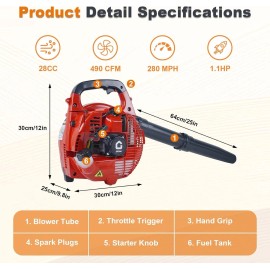 Unbranded 2 Stroke Handheld Gas Leaf Blower 490 CFM Air Volume 180 MPH Speed 1.1 HP 28CC