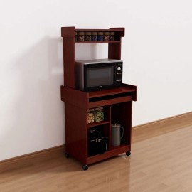 Mahogany Microwave Cart with Coffee Station and Computer Workspace Gliding Hutch & Locking Castors-Kitchen Islands & Cartscolor: as Pic Color