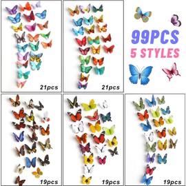 JOFONY 99 Pieces 3D Butterfly Stickers, Colour Butterfly Wall Decoration, 3D Butterfly Decoration, Butterfly Stickers, DIY Wall Home Decoration, Spring Decoration for Baby Room