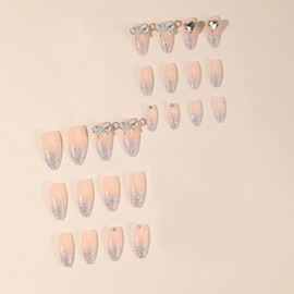 MERVF Almond Press on Nails Medium Fake Nails Glitter French Tip Glue on Nails 3D Bow Press ons Stiletto Acrylic Sparkle False Nails with Rhinestones Design Glossy 24pcs
