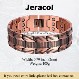 Jeracol Copper Bracelet for Men, 3 Row Ultra Strong Magnets 99.99% Solid Copper, Adjustable Size and Jewelry Gift Box