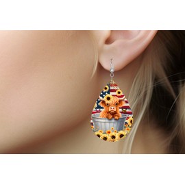 American Flag Highland Cow Earrings, Yellow Sunflower Cow Dangle Earrings, Patriotic Cow Earrings