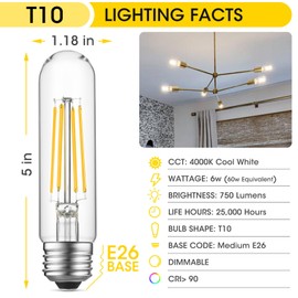 Gozelux Gozelux Tubular Light Bulb 6W Equal E26 LED Bulb 60 Watt Dimmable Cool White 4000K E26 Edison Bulb AC120V 750LM T9 T10 LED Bulb for Rustic Pendant, Island, Chandeliers, Wall Sconces, Pack of 6