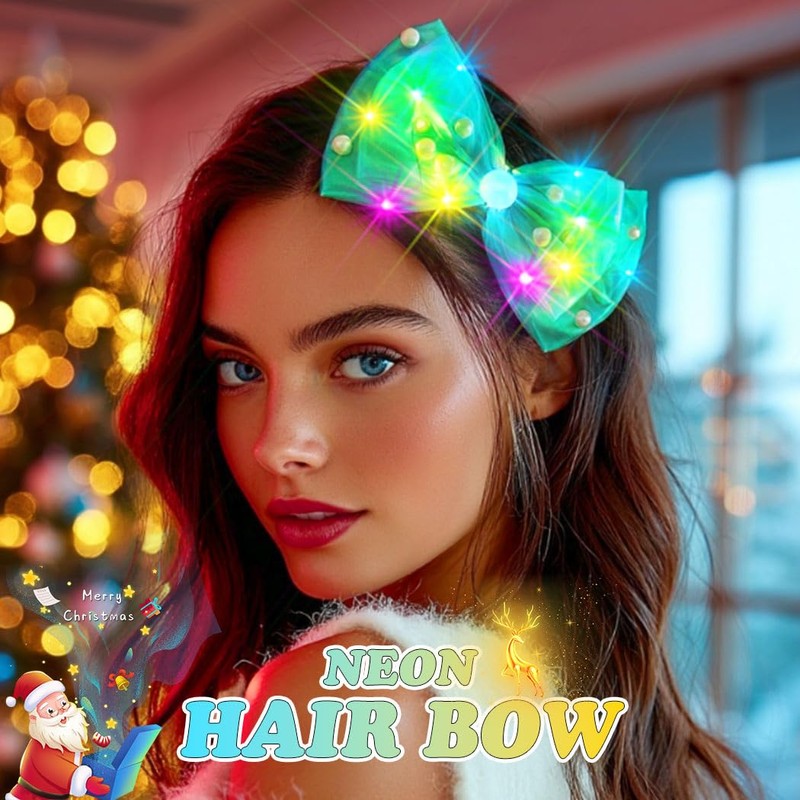 Christmas Light Up Bow Clips Xmas Hair Barrettes LED Neon