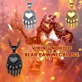 FaithHeart Viking Bear Paw Necklace, Stainless Steel Norse Vikings Stuff Jewelry for Men Boys Bear Paw Pendant Neck Chains