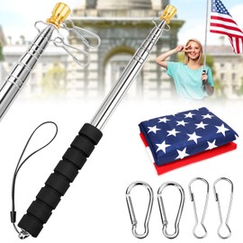 Telescopic Portable Handheld Flag Pole and 3'x5' American US Flag & 4 Clips, 8.2Ft/2.5M Extendable Hand Carry Flagpole, Retractable Stainless Steel Travel Tour Guide Flag Pole, Fit for 3x5 4x6 Flags