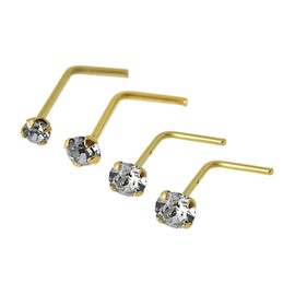 AZARIO LONDON 9K Yellow Gold Claw Set 2.5MM Round Genuine Crystal Stone 22 Gauge L Bend Nose Stud Piercing