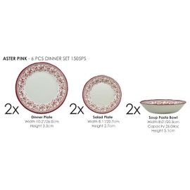 TUDOR ROYAL 6-Piece Round Porcelain Dinnerware Set, Service for 2, Aster Pink Design, Red Floral, Plates Bowls Dishes, Premium Quality Ceramic Tableware, Unique Patern, Glossy