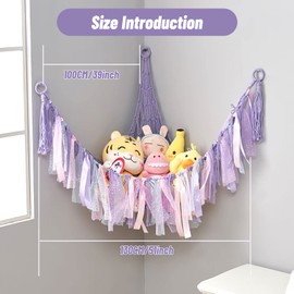 Qivine Stuffed Animal Hammock, 51'' Net for Stuffed Animals Corner Large with Star Light, Macrame Stuffed Animal Net with Hooks, Plushie Stuff Animal Organizer for Bedroom