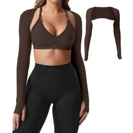 YEOREO Women Crop Top Long Sleeve Bolero Open Front Workout Cropped Shirts Sports Shrug, Coffee, X-Large