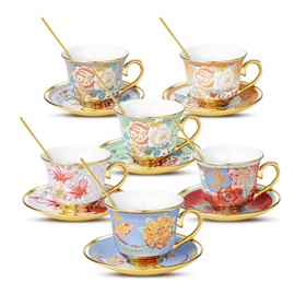 COXTOBRH Tea Cups and Saucers Sets of 6, 8 Oz Floral Tea Cups with Spoons Ceramic Cup and Saucer Set for Cappuccino, Espresso, Coffee, Cafe, Latte, Tea for Tea Birthday Party
