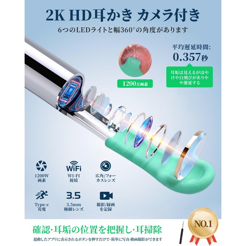 耳かき カメラ付き【 1200W超高画素・イヤーフック】カメラ付き耳かき みみかき カメラ 耳掻き 耳掃除3.5mm極細レンズ 左右反転機能 Type-C充電 イヤースプーン