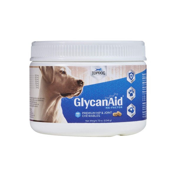 TopDog Health GlycanAid-HA Advanced Joint Supplement for Dogs (60 Chewable Tablets) - Made in USA with USA Ingredients - Contains Glucosamine HCL, Chondroitin Sulfate, Hyaluronic Acid, MSM, Cetyl-M
