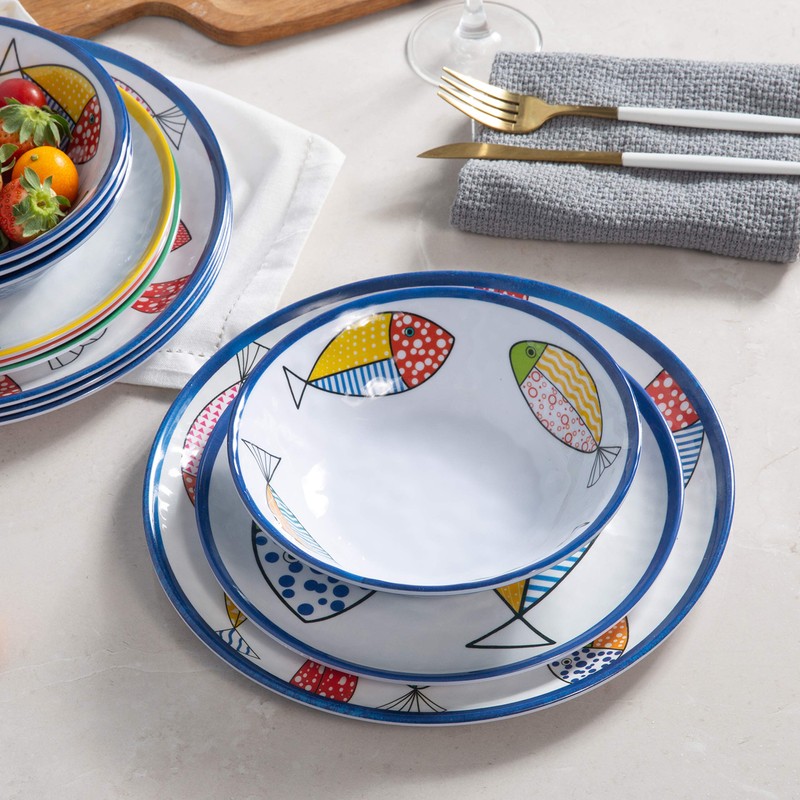 Gofunfun Melamine Dinnerware set for 4, Plates and Bowls Sets,