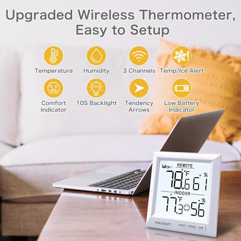 KIDLEDUCT Indoor Outdoor Thermometer Wireless Battery Powered, High Precision Inside