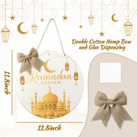 L1rabe Ramadan Kareem Hanging Ornament - Eid Mubarak Wreath Wooden Hanging Door Sign Decorations White Gold Round Welcome Sign Islam Ramadan Mubarak Moon Ornament Home Wall Door Decor Party Supplies
