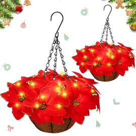 HyDren 2 Pack Pre Lit Artificial Poinsettia Flowers Christmas Hanging Basket 2 Pcs Colorful LED String Lights for Indoor Outdoor Garden Patio Porch(Red and Gold)