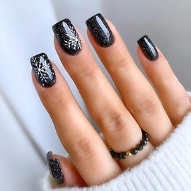 Christmas Press on Nails Short Square Fake Nails with White Snowflake Polka Dots Design Nails Press ons Black Full Cover False Nails Glossy Christmas Glue on Nails for Girls 24Pcs