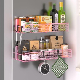 DTUQYX Magnetic Spice Rack for Refrigerator, 2 Pack Metal Magnetic Shelf Pink, Moveable Spice Organizer with Hooks, Super Magnetic Fridge Shelf for Kitchen Organization and Storage
