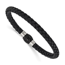 Auriga Fine Jewelry Stainless Steel Brushed and Polished Black Woven Leather Bracelet 8.5"