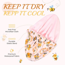 Shower Cap for Women Terry Lined Bee Bath Cap Large Reusable Waterproof Elastic Band Beekeeper Shower Caps for Long Thick Hair Soft Bath Shower Hair Caps