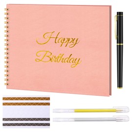 Mooliwe Birthday Guestbook with Pens Stickers Pink Spiral Hardbound Book 8.3 x 6.5 Inch Hardcover Hardbound Signature Guest Book for Photobooth Photo Strips Scrapbook Party Supplies (Pink Birthday)