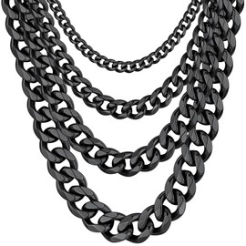 12mm Curb Cuban Mens Chain Heavy Polished Silver Tone Cut 316L Stainless Steel Necklace Black 26 inch