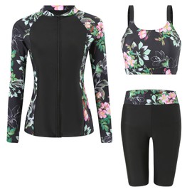 Ausing Womens 3-Piece Rash Guard UPF50+ Swimsuits Set Long Sleeve Zipper Rashguard Shirts Swimming Surfing Modest Swimwear S
