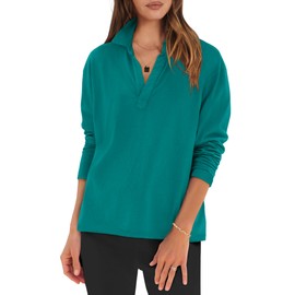 ANRABESS Women Long Sleeve Polo Shirts Casual V Neck Collared Boxy Fit Dressy Work Blouse Top Spring Outfits Lake Green XL