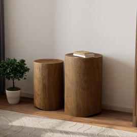 COSIEST Concrete Side Table, Set of 2 Round Outdoor Side Tables, Decorative Garden Stools for Indoor Outdoor, Accent Table Patio Side Table Nesting End Table w Light Oak Colored Faux Wood