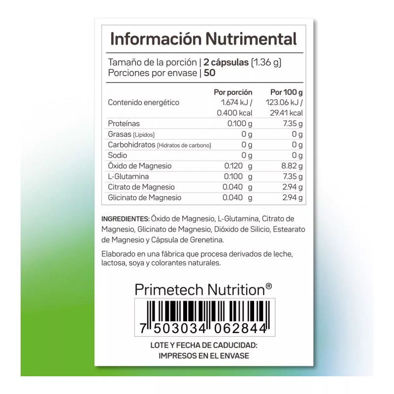 Primetech Nutrition Magnesio Trimag-200 Primetech 100 Caps De 0.680 G