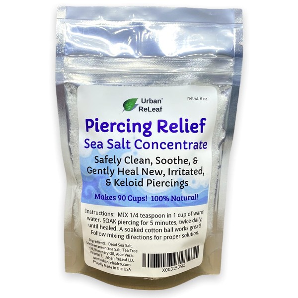 Urban ReLeaf Piercing Relief Sea Salt Concentrate AFTERCARE 6 oz. Bag! Makes 90 Cups! Safely Clean, Soothe, Gently Heal Irritated & Keloid Bump Piercings. Dead Sea Salt, Tea Tree, Rosemary