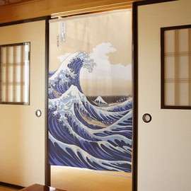 Noren Workshop Noren Ukiyo-e Japanese Tapestry Half Noren Traditional Hokusai Width 33.5 x Length 59.1 inches (85 x 150 cm), White Wave Lace Fabric 2047