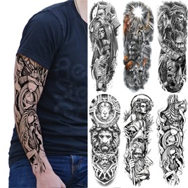 Realistic Greek Poseidon Temporary Tattoo Sleeves For Men, Full Arm Large Myth Ancient Warrior Lion Fake Tattoos Sleeve Adult Women, Black 3D Gladiator Wolf Temp Tatoo Sticker Leg Body Art Makeup, 6-Sheet