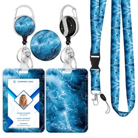 Lanyards for ID Badges, Badge Holder Retractable Reel Clip, Detachable Lanyard,360 Rotate Carabiner, Name Tag,Vertical Card Protectorfor Teacher Nurse Office Work, Gifts (Blue Currents)