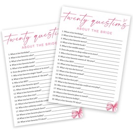 Wedding Shower Games Cards, Twenty Questions About The Bride, Bridal Shower Games 25 Guests, Engagement Party Wedding Games for Guests, Pink Ribbon Bow Wedding Party Supplies - E05