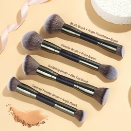 12 Pcs Brochas para Maquillaje de Doble Función y Multifunción para Base, Polvos, Rubor, Delineador y Sombras, con Estuche y Caja de Regalo (Negro)
