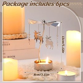 Zhehao 6 Pcs Christmas Spinning Candle Holder Reindeer Xmas Tree Snowflake Rotary Metal Candlesticks Silver Rotating Jar Candle Holder Ornament for Xmas Wedding Party Home Table Centerpiece Decor Gift